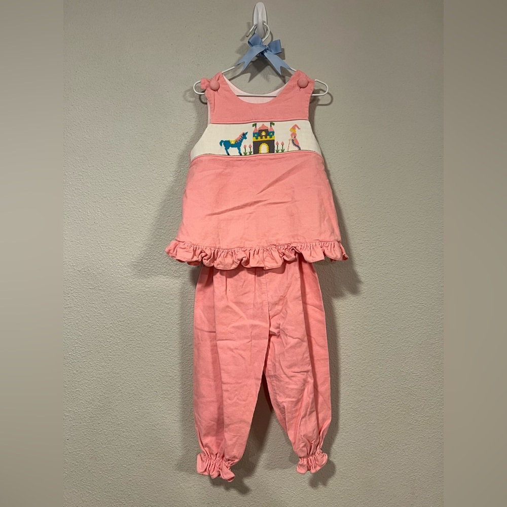 Pink princess and unicorn smocked 2 piece